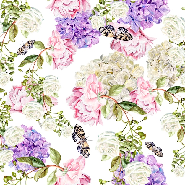 Beau motif aquarelle avec illustration de pivoine et roses hudrangea fleurs