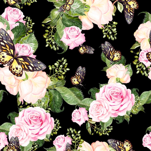 Beau motif aquarelle lumineuse avec des roses et des papillons Illustration