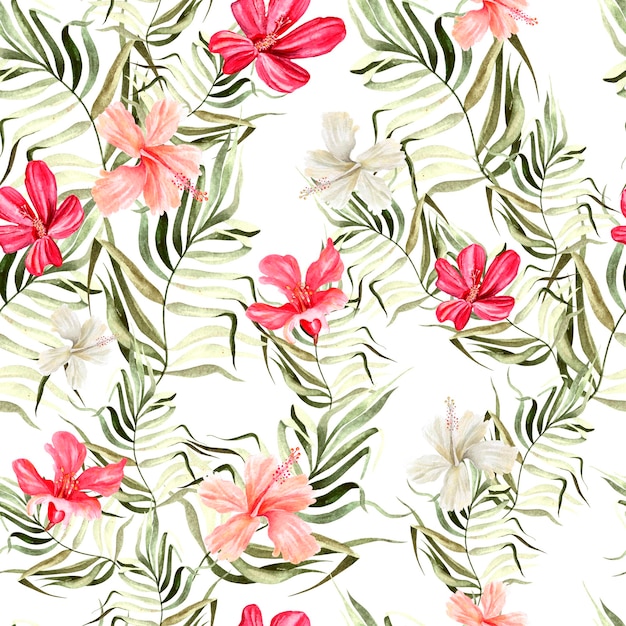 Beau motif aquarelle lumineux avec des fleurs d'hibiscus et de feuilles tropicales