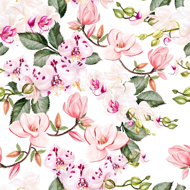 Beau motif aquarelle lumineux avec des fleurs d'orchidées et de magnolias Illustration