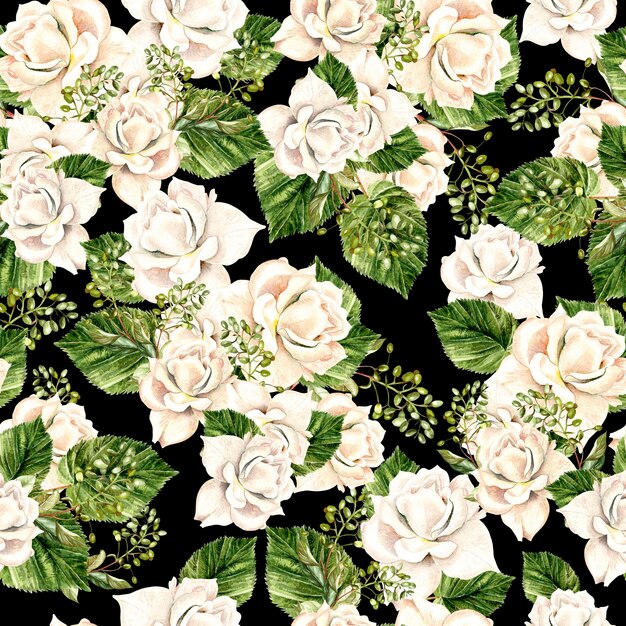 Beau motif aquarelle avec des roses blanches et des feuilles