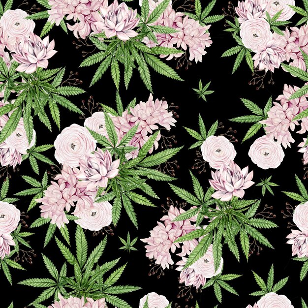 Beau motif aquarelle tendre avec différentes fleurs et cannabis Illustration