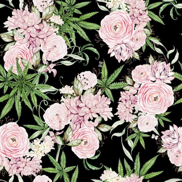 Beau motif aquarelle tendre avec différentes fleurs et cannabis Illustration