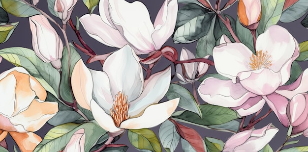 Beau motif botanique floral avec des fleurs de magnolia Concept de printemps AI générative