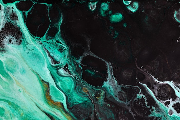Beau motif exclusif fond d'art fluide abstrait Flux de mélange de peintures noires vertes se mélangeant Taches et traînées de texture d'encre pour l'impression et la conception