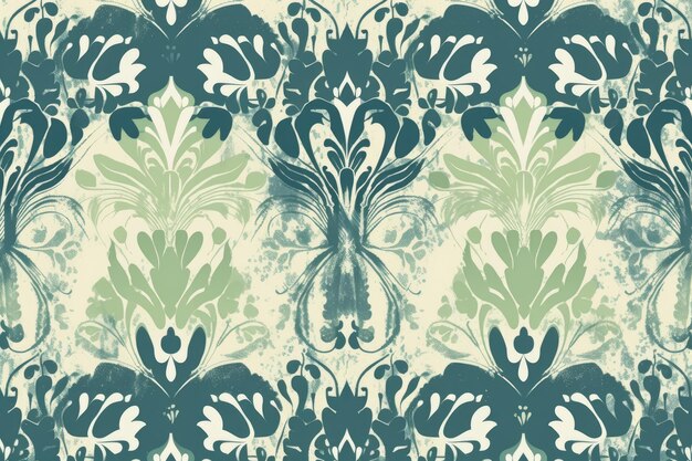 Beau motif floral bleu et vert sur un fond blanc propre IA générative