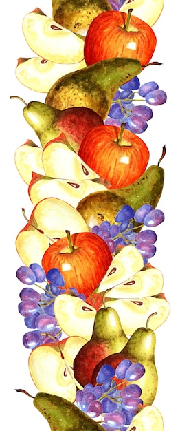 beau motif vertical harmonieux avec des fruits aquarelles pommes poires et raisins isolés sur blanc