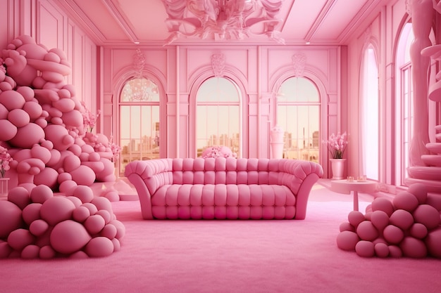 Beau mur rose avec intérieur de canapé rose Design AI généré Configuration rose Monde rose AI généré
