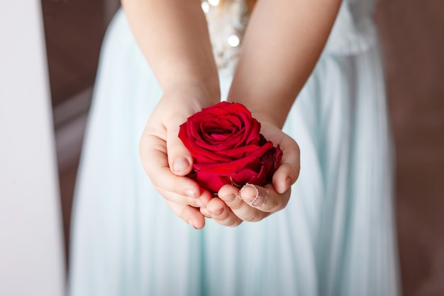 Beau et naturel. Gros plan de belles mains féminines tenant une fleur. Un enfant avec un doigt blessé tient des fleurs dans ses mains.