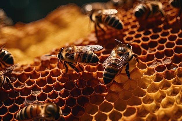 Beau nid d'abeilles avec gros plan d'abeilles Un essaim d'abeilles rampe à travers les rayons pour collecter le miel