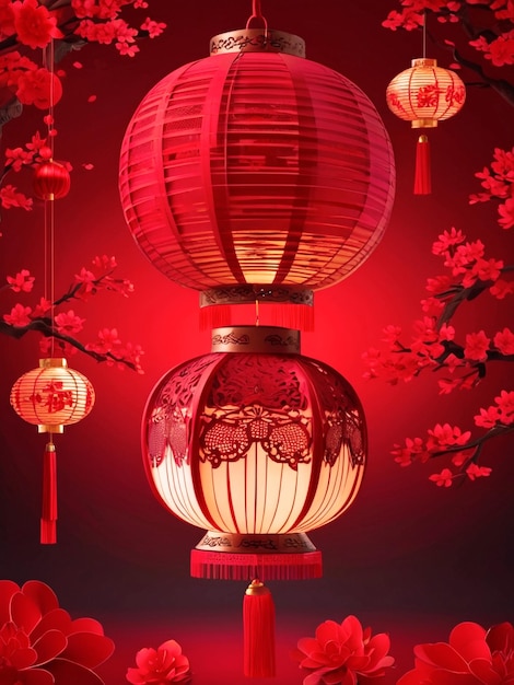 Le beau Nouvel An chinois en couleur rouge et en papier coupé Lanterne salue la fête classique dans la nuit