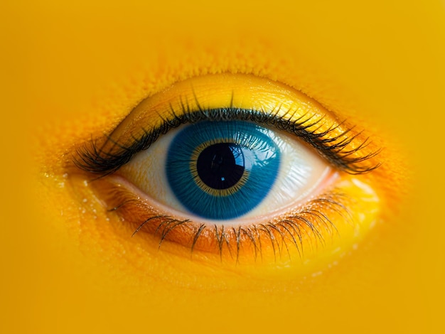 beau œil féminin bleu sur fond jaune