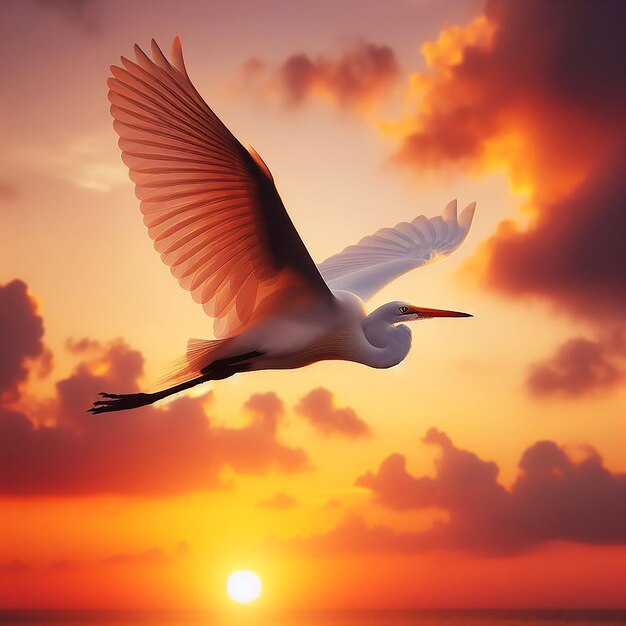 Un beau oiseau égret intermédiaire au coucher du soleil vue générée par l'IA