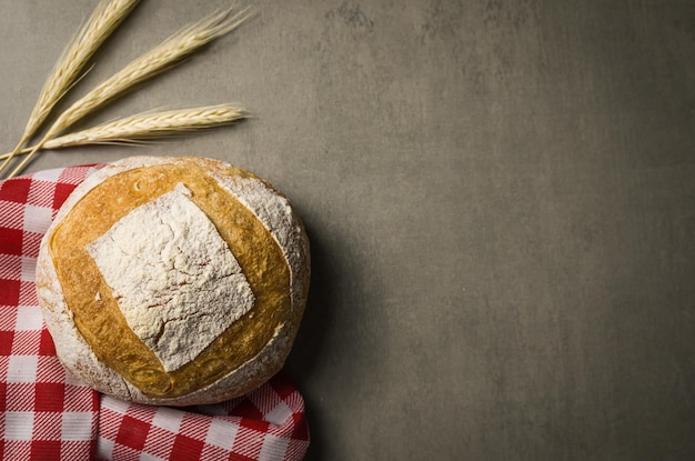 Beau pain au levain sur fond gris avec fleur de blé séchée