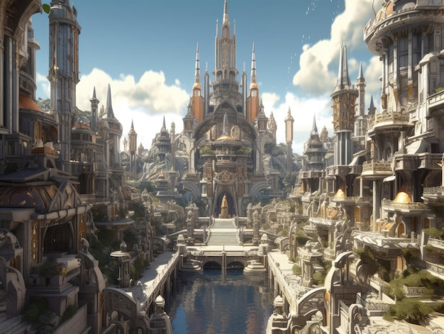 Un beau palais avec un étang au premier plan le soleil brille sur le palais dans le style de l'architecture inspirée de la mythologie Generative AI