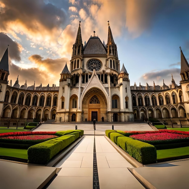 Beau palais avec un parterre de fleurs