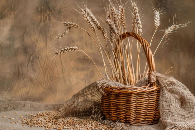 Photo un beau panier de osier déborde de blé frais sur une table en bois rustique créant une scène