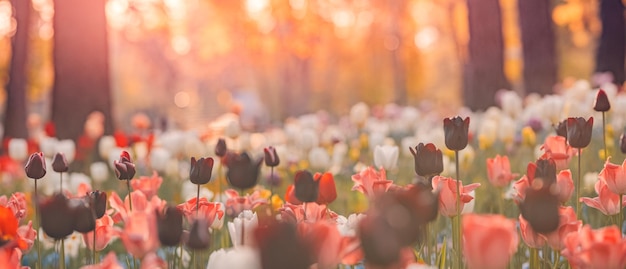 Beau panorama de bouquet de tulipes roses blanches rouges dans la nature printanière, conception de cartes, valentines d'amour