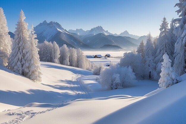 Beau panorama d'hiver avec de la neige en poudre fraîche