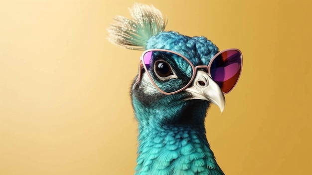Beau paon avec des lunettes de soleil oiseau avec des plumes ornementales décoratives élégantes AI génératives