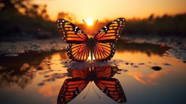 Le beau papillon au coucher du soleil