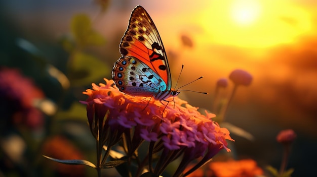 Le beau papillon au coucher du soleil