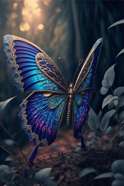 Beau papillon aux grandes ailes bleues, art décoratif
