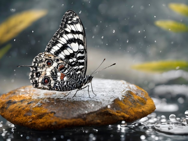 Photo un beau papillon dans des gouttes de rosée est assis sur un gros plan de pierre