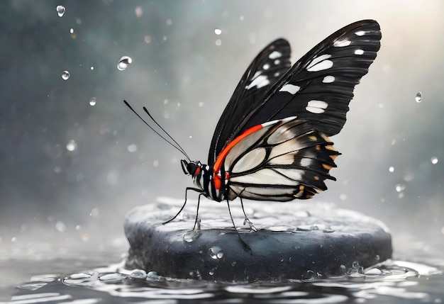 beau papillon dans les gouttes de rosée en gros plan