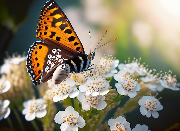 Beau papillon sur fond de fleurs blanches