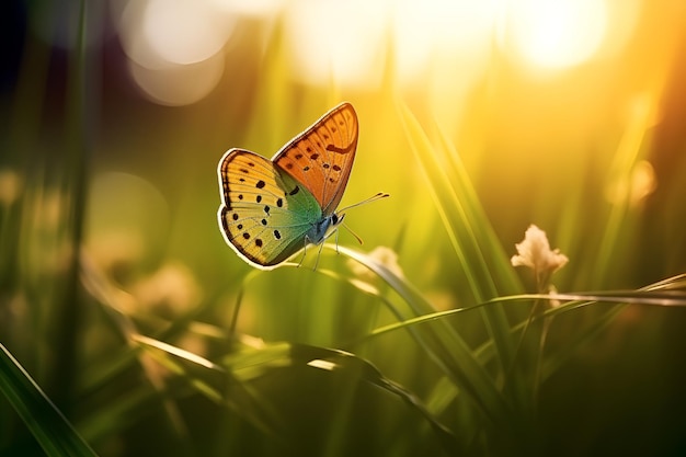 Le beau papillon sur l'herbe Le fond flou Bokeh