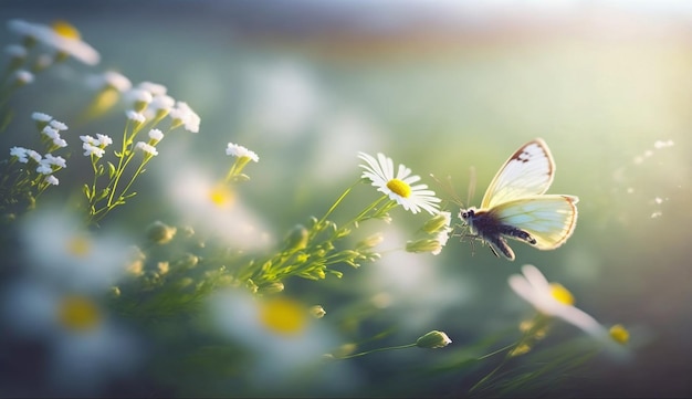 Le beau papillon jaune pâle se repose sur l'inflorescence de la fleur blanche sauvage sur le floral vert brouillé