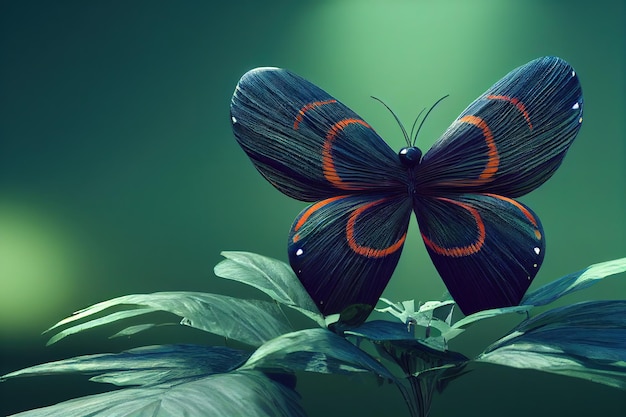 Un beau papillon noir vole sur fond de plantes vertes un jour d'été illustration 3d