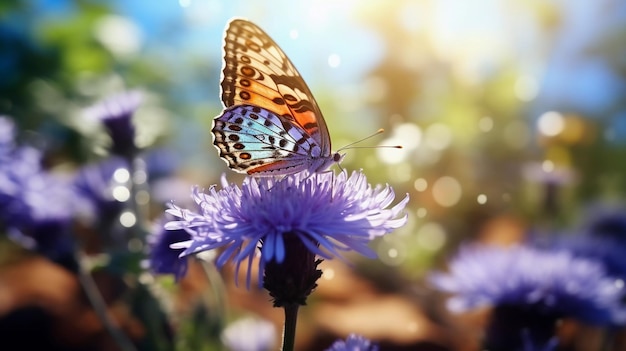 Beau papillon parmi les fleurs sauvages arrière-plan flou