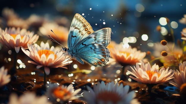 Beau papillon parmi les fleurs sauvages arrière-plan flou