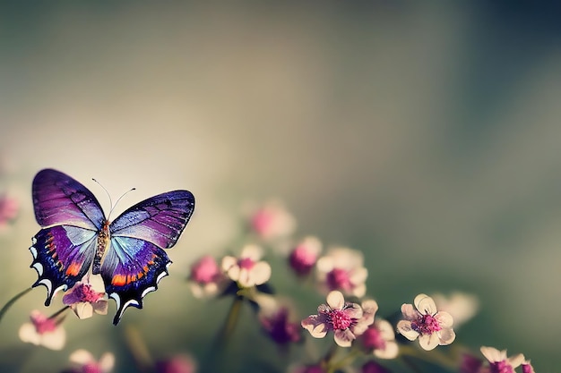 Un beau papillon violet survole de petites fleurs blanches aux étamines roses un jour d'été illustration 3D