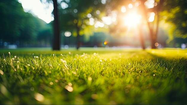 Beau parc en banlieue avec un champ d'herbe déformé Paysage naturel d'été Arrière-plan avec soleil