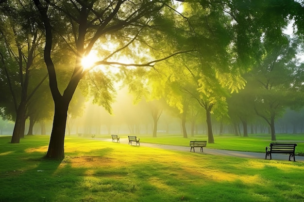 Beau parc public avec champ d'herbe verte à la lumière du matin Créé avec la technologie Generative AI