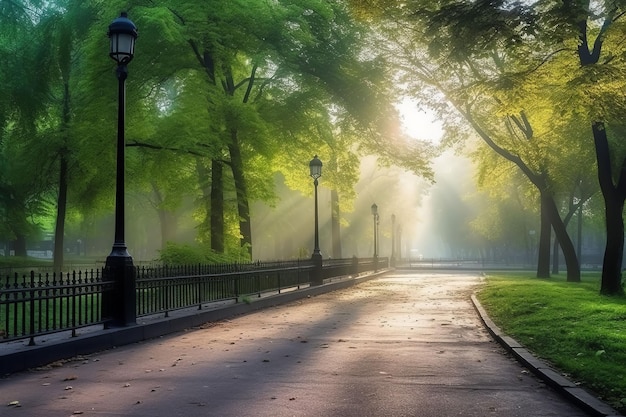 Beau parc public avec champ d'herbe verte à la lumière du matin Créé avec la technologie Generative AI