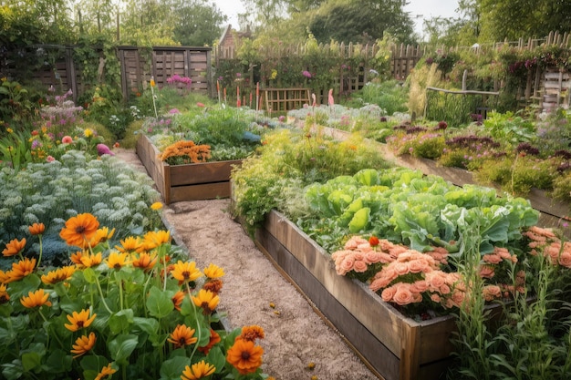 Beau parterre de fleurs avec potager en arrière-plan