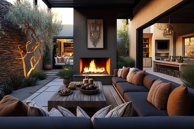 Beau patio moderne avec un canapé confortable et une grande cheminée créée avec une IA générative