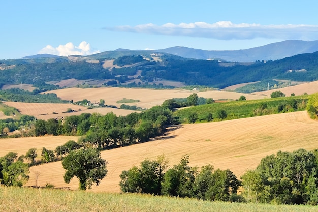 Beau paysage agricole avec collines et ciel nuageux en arrière-plan