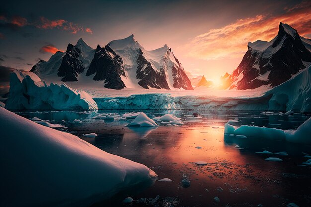 Beau paysage antarctique d'hiver avec le soleil