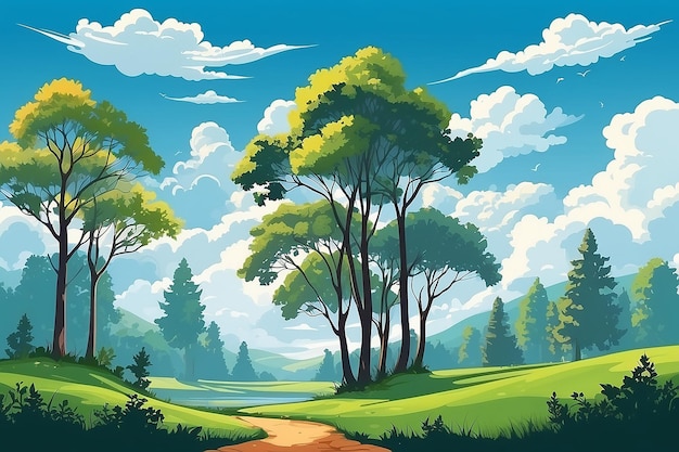 Beau paysage avec des arbres et des nuages Illustration vectorielle