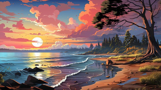 Beau paysage artistique de la côte de la mer chaude couleur illustration colorée générée par l'IA