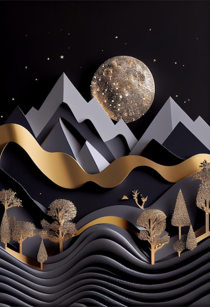 Beau paysage artistique avec des montagnes sombres et des arbres dorés et la lune Illustration générative d'IA