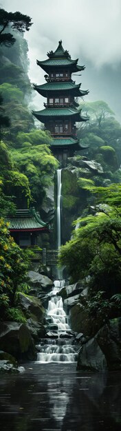 Beau paysage asiatique avec un temple de jungle et des chutes d'eau