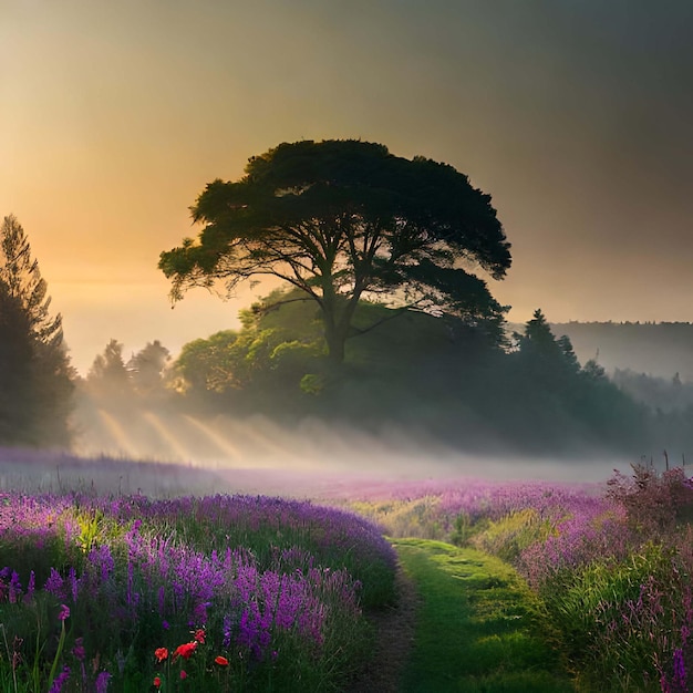 Beau paysage d'automne dans les montagnes avec des fleurs roses Sunrise