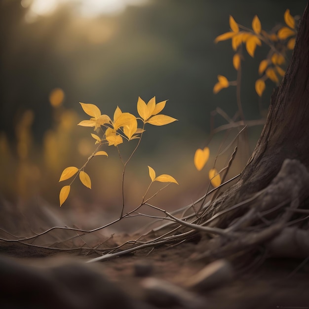 Beau paysage d'automne avec des feuilles jaunes dans la forêt au coucher du soleil