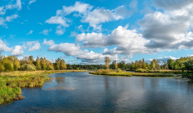 Beau paysage d'automne panoramique avec des arbres lumineux au bord du lac.